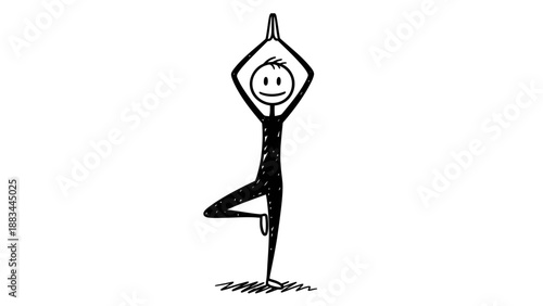 Happy stick figure cheerfully performing a balanced yoga tree pose with a big smile on isolated white background.
