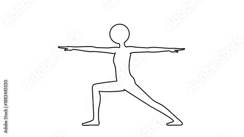 Stick figure performing a strong yoga warrior II pose with outstretched arms on isolated white background.
