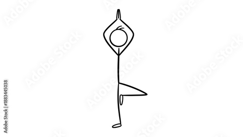 Stick figure performing a balanced yoga tree pose, standing with focus on isolated white background.