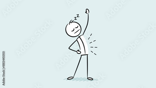 Sleepy stick figure stretching and yawning happily after waking up in bright studio.