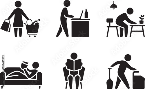 Daily life activity icons set, vector everyday routine symbols collection including working, cooking, cleaning, shopping, exercising, and leisure activities in flat minimalist style isolated on white 