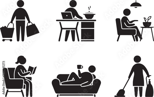 Daily life activity icons set, vector everyday routine symbols collection including working, cooking, cleaning, shopping, exercising, and leisure activities in flat minimalist style isolated on white 