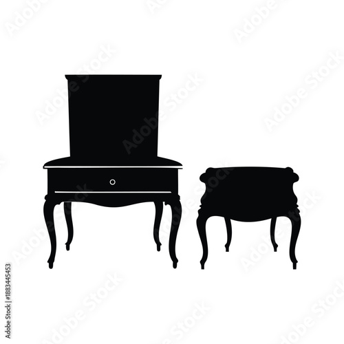 Elegant furniture set silhouette vector illustration,Black and white silhouette vector illustration of an elegant furniture set featuring a chair and a stool