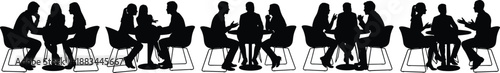 Silhouette of people sitting at tables in conversation, teamwork and communication concept for business meeting, collaboration, social interaction, discussion and work environment themes.