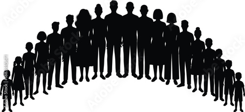 Silhouette of diverse people standing together in a large group, showing different ages and generations in unity concept for community and social connection themes.