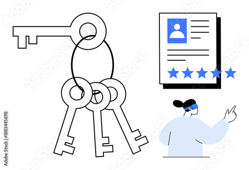 Keys representing access control, user profile with verified rating, person pointing at interface. Ideal for data protection, cybersecurity, user authentication, digital security, online reviews