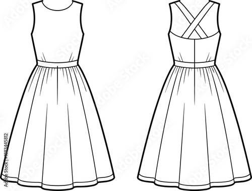 Front and back flat sketch of a sleeveless midi dress with a round neckline, cinched waist, and full pleated skirt
