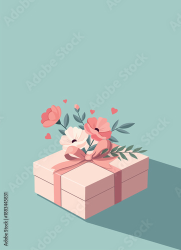 Illustration of a gift box with floral decoration and hearts. Pastel color scheme, mint background. The format is for postcards, web design, and promotional materials.