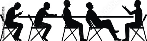 Silhouette people sitting in different postures and body language positions during a meeting or discussion at a table, showing communication styles and technology distraction