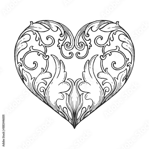 Baroque floral heart vector. Vintage ornament in leaf shape. Classical romantic filigree element.