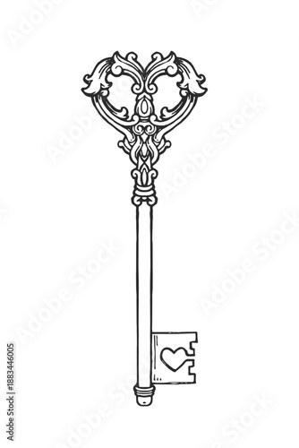 Vintage heart key vector illustration. Ornamental ornate skeleton tool with love symbol. Romantic antique filigree design element.
