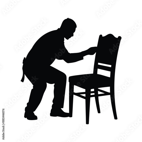 Carpenter working on chair silhouette vector illustration,Black and white silhouette of a carpenter fixing a chair, depicted in a vector illustration style