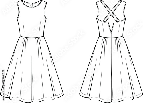 Front and back flat sketch of a sleeveless vintage-inspired dress with aV-neck and criss-cross straps