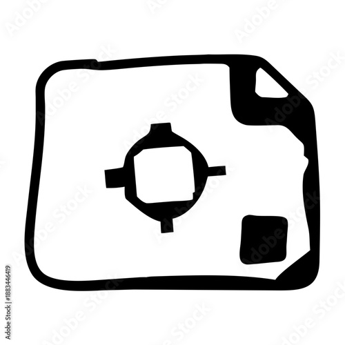 Black and white icon of a camera shutter on a square background