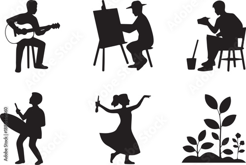 Artist icons set, vector creative and art symbols collection including painter, brush, palette, canvas, and artistic tools in flat minimalist style isolated on white background