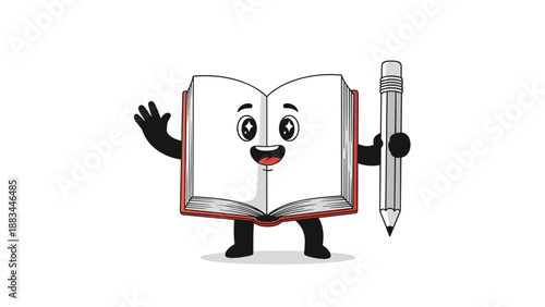 Happy cartoon character shaped like an open book holds a giant pencil and waves with a joyful expression on a white background.