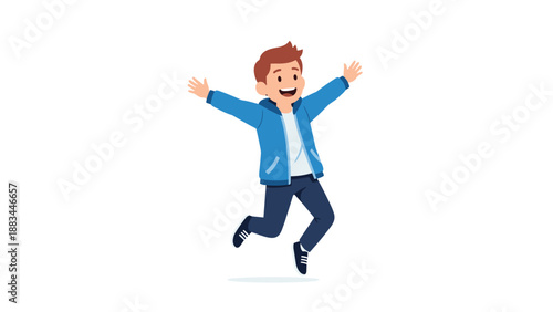 Energetic young boy jumps with joy and arms wide open while wearing a blue jacket and casual pants on a plain white background.