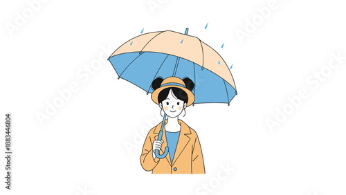 Smiling young girl wearing a trench coat and stylish hat holds a blue and orange umbrella to protect herself during a rainy day.