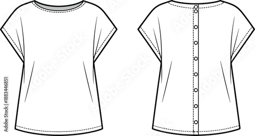 Front and back view of a short-sleeved blouse with a boat neckline and a button-up back detail shirt