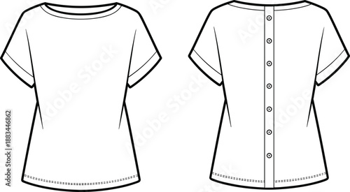 Front and back view of a short-sleeved t-shirt with a boat neckline and a button-up back detail short sleeve