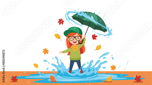 Happy redheaded girl with glasses jumps into a large water puddle while holding an umbrella during a beautiful autumn day.