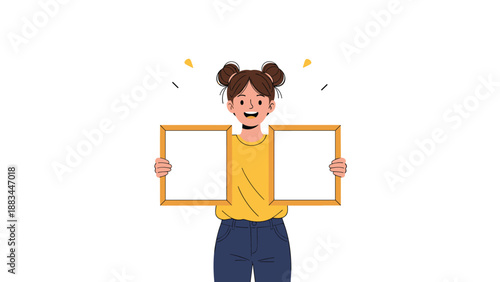 Joyful young girl with buns in her hair holds two empty wooden picture frames with a bright and surprised facial expression.