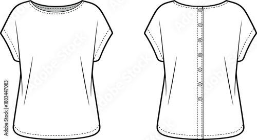 Front and back view of a short-sleeved t-shirt with a round neckline and a button-up back detail short sleeve