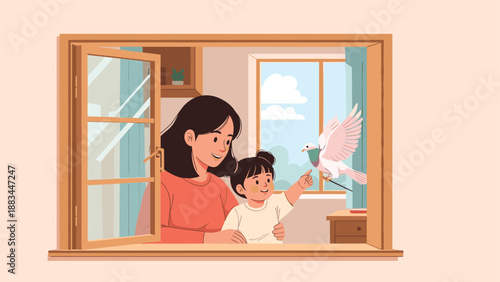 Loving mother and her young daughter stand by an open window and point at a white pigeon flying outside in the garden.