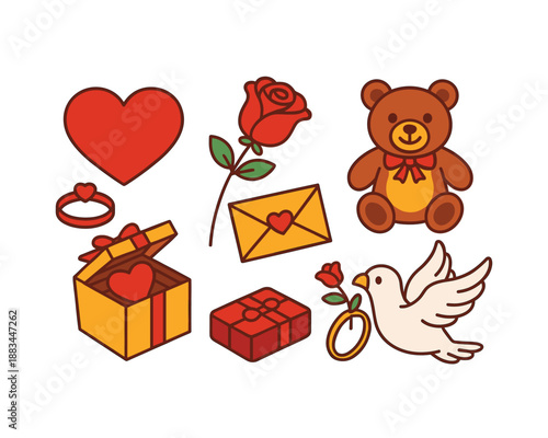 Collection of Symbols of Love: A delightful assortment of Valentine's Day essentials, including a vibrant red heart, delicate rose, and a cherished teddy bear.