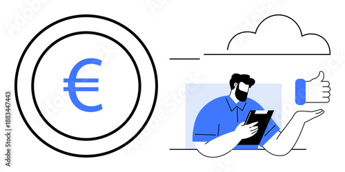 Finance, digital payments, cloud storage, currency exchange, business operations, online approval. Euro sign, a man holding a tablet with a thumbs-up icon under a cloud. Finance and digital payments