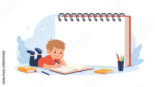 Creative young boy lies on the floor and writes in his diary next to a huge blank notebook page surrounded by school supplies.