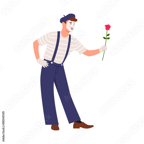 Vector illustration of a cute mime. Cartoon scene of a male mime performing a pantomime, dressed in a striped t-shirt, overalls, beret, gesturing, holding a rose isolated on a white background.