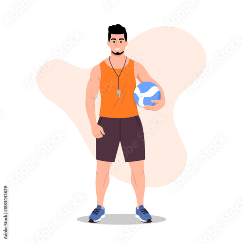 Vector illustration of a handsome, slim sports trainer.Cartoon scene of a male trainer in a sports T-shirt, shorts, sneakers, a whistle hanging around his neck isolated on a white background.