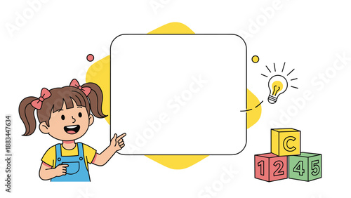 Happy girl points at a blank white board with a bright idea lightbulb icon and colorful alphabet building blocks on the side.