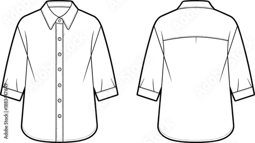 Front and back view of a white collared shirt with three-quarter sleeves and button closure Keywords: shirt, blouse, top, clothing, fashion, apparel, garment, front view, back