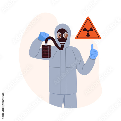 Vector illustration of a man in a radiation protective suit. Cartoon scene of a man in a respirator mask, gray protective uniform, blue gloves, radiation hazard sign isolated on white background.