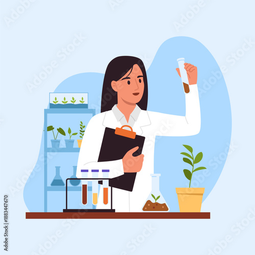 Vector illustration of a woman agronomist scientist growing plants. Cartoon scene of a woman in a white coat, holding a flask, a paper tablet, flasks, pots with plants isolated on a blue background.