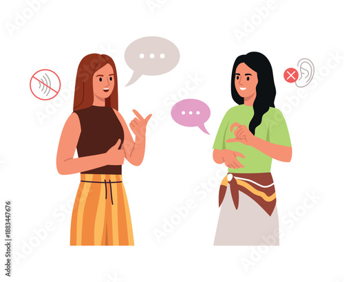 Vector illustration of beautiful girls communicating in sign language. Cartoon scene of stylish girls with hearing impairments, communicating using different gestures isolated on white background.