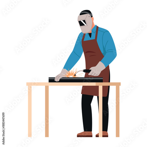 Vector illustration of a welder specialist.Cartoon scene of a welder in a protective helmet, apron, gloves, welding metal parts on a table, welding equipment,sparks fly isolated on a white background.
