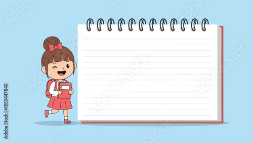 Smiling schoolgirl with a red backpack and book walks cheerfully next to a large blank spiral notebook on a blue background.