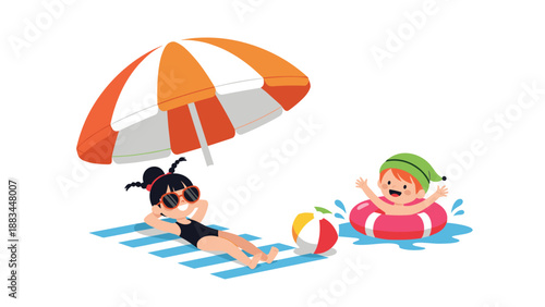 Two children enjoy summer activities with a girl sunbathing under an umbrella and a boy playing with an inner tube in water.