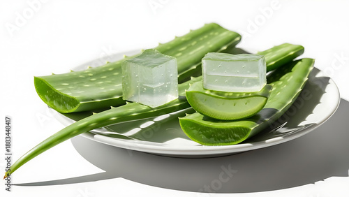 Aloe vera gel ice cubes on a plate with fresh green aloe leaves natural skincare product organic health remedy wellness and beauty treatment - Ai Generated