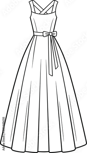 Line art illustration of a formal sleeveless maxi dress with a criss-cross neckline and a bow detail at the waist