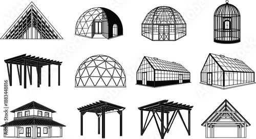 Architectural structures, building frameworks, geodesic domes, greenhouses, pergolas, cabins, sheds, modern design, construction elements, architectural illustration, black and white