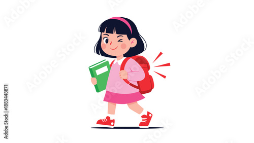 Playful young girl with a pink dress and red backpack winking while carrying a green book against a white background.