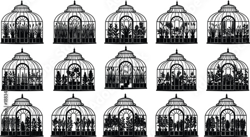 Birdcage silhouettes, black icons, dome top cages, decorative pattern, grid layout, minimalist design, vector graphic, white background