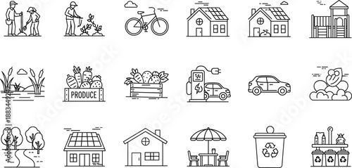 Community icons, sustainability symbols, eco lifestyle, environmental awareness, green living, urban design, clean energy, social interaction, vector set, black illustrations