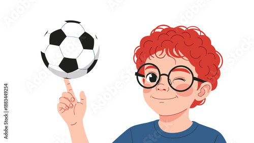 Focused young boy with red curly hair and glasses winking while spinning a soccer ball on his finger against a white background.