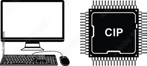 Computer hardware, desktop silhouette, microchip illustration, CIP processor, tech concept, digital system, coding symbol, electronics design, vector art, technology icon