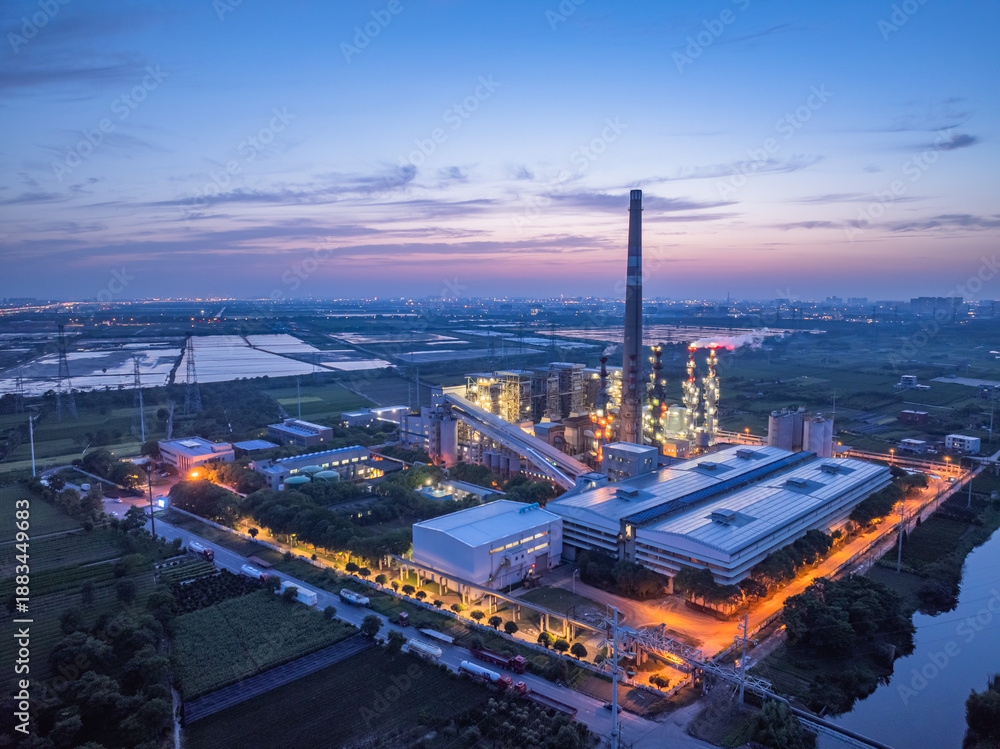 Fototapeta premium aerial view power station during sunset